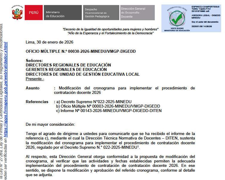 Modificación del cronograma para implementar el procedimiento de contratación docente 2026